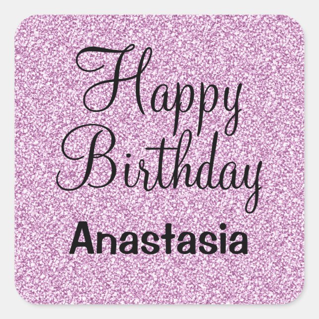Sticker Carré Glam Happy Birthday Purple Parties scintillant Nom (Devant)