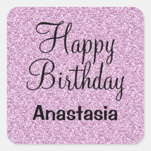 Sticker Carré Glam Happy Birthday Purple Parties scintillant Nom