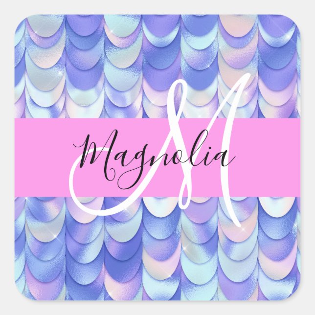 Sticker Carré Glam Iridescent Écailles de Sirène Monogramme Bleu (Devant)