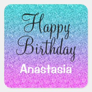 Sticker Carré Glam Joyeux Anniversaire Ombre rose bleu violet Pa