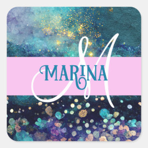 Sticker Carré Glam Mermaid Aqua Gold Parties scintillant étincel