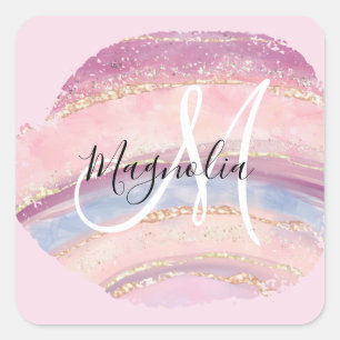 Sticker Carré Glam Or Rose Bleu Monogramme Coup de Pinceau