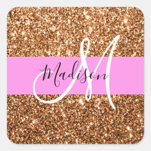 Sticker Carré Glam Rose & Cuivre Paillettes Monogramme Nom