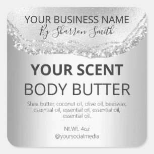 Sticker Carré Glam Silver Parties scintillant Agate Produit Étiq