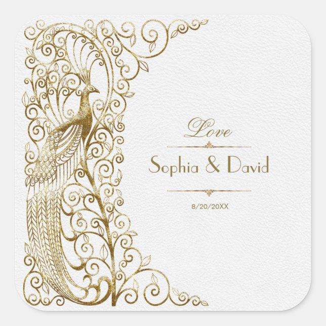 Sticker Carré Glam White Gold Art Déco Peacocks Mariage (Devant)
