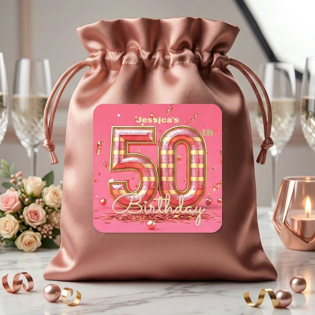 Sticker Carré Glamorous 50th Birthday Pink Gold Glitter Party (Créateur téléchargé)