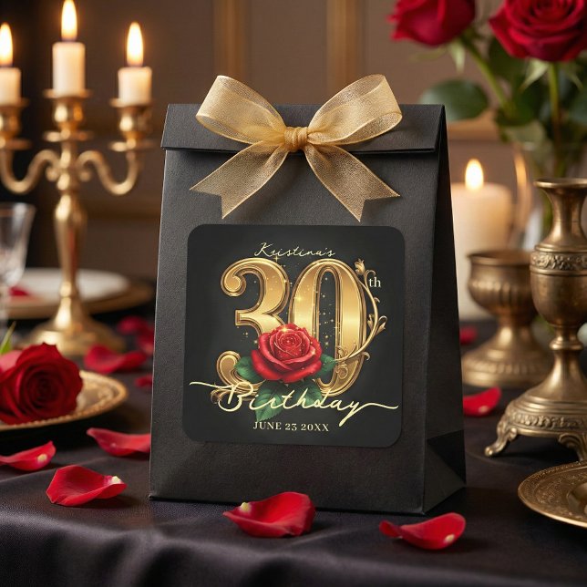 Sticker Carré Glamorous Black Gold Red Rose 30th Birthday Party (Créateur téléchargé)