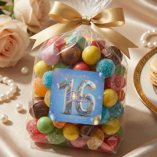 Sticker Carré Glamorous Blue Gold Glitter Balloons Sweet 16 (Créateur téléchargé)