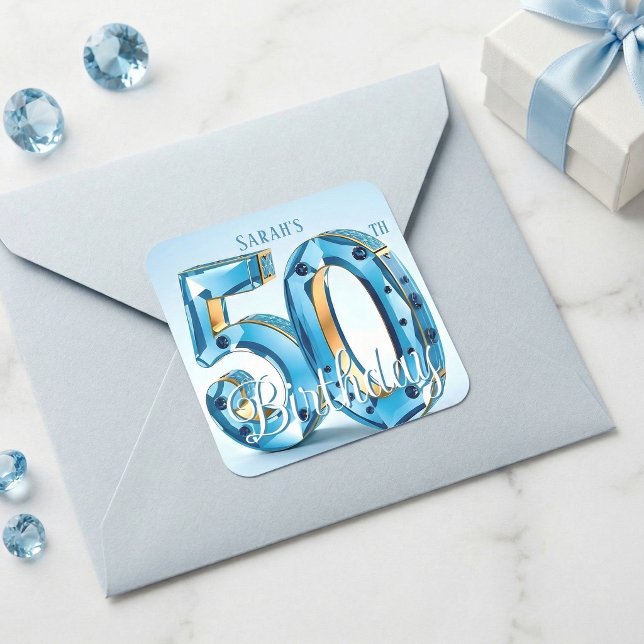 Sticker Carré Glamorous Light Blue Jewel 50th Birthday (Créateur téléchargé)