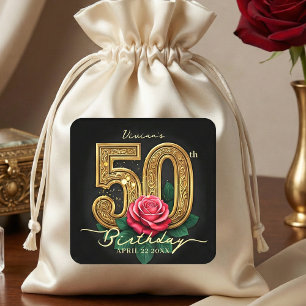 Sticker Carré Glamour Chic Rose Florale Noir Or Rouge 50e Annive