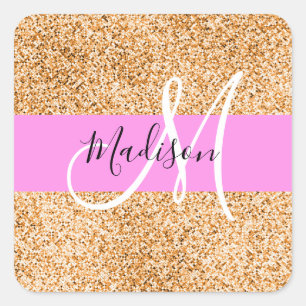 Sticker Carré Glamour Rose & Cuivre Paillettes Monogramme Nom