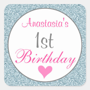 Sticker Carré Glamour Rose Pailleté Bleu Clair 1er Anniversaire