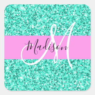 Sticker Carré Glamour Rose Turquoise Paillettes Étincelles Monog