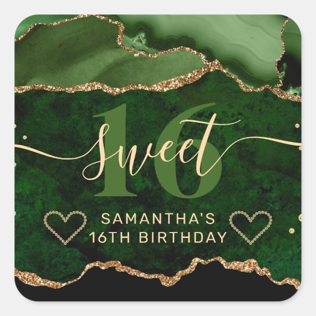 Sticker Carré Glitter Agate Marbre Vert et Or Douce 16  (Devant)