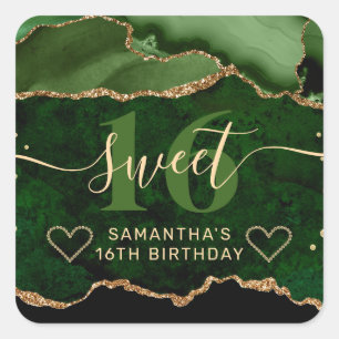 Sticker Carré Glitter Agate Marbre Vert et Or Douce 16