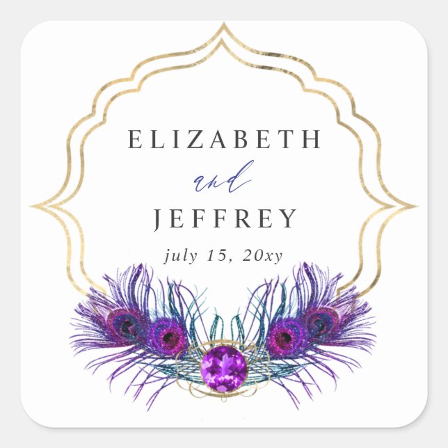 Sticker Carré Glitter Gold Blue Purple Peacock Plume Wedding (Devant)