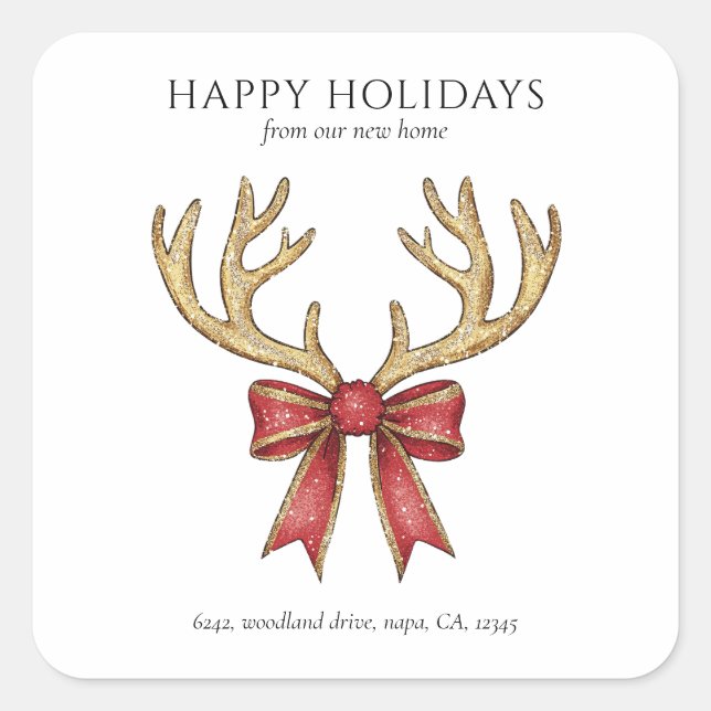 Sticker Carré Glitter Reindeer Antlers New Home Custom Address (Devant)