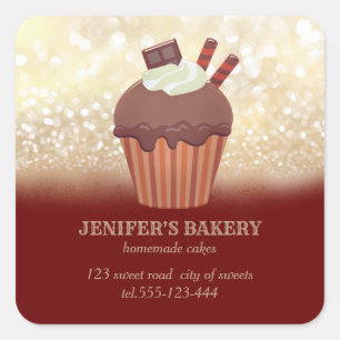 Sticker Carré Glitterie vintage en or cupcakes et sucreries fait