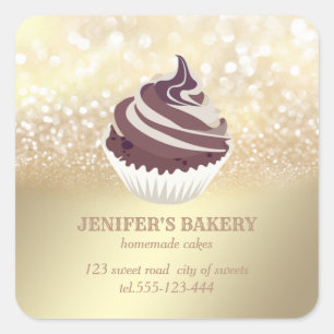 Sticker Carré Glitterie vintage en or cupcakes et sucreries fait