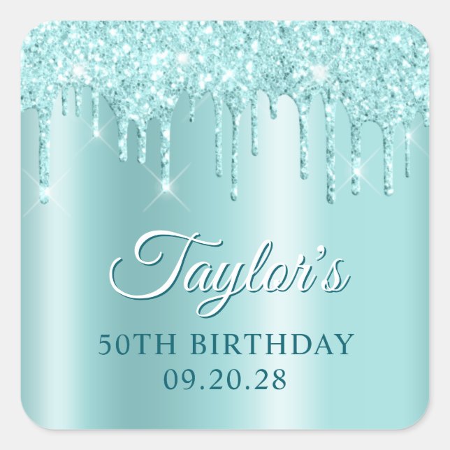 Sticker Carré Glittery Drips Light Turquoise Ombre Drop Shadow (Devant)
