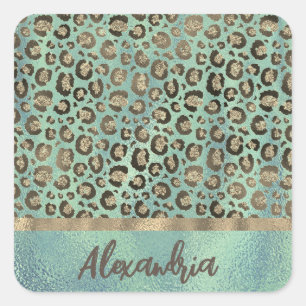 Sticker Carré Glittery Empreinte de léopard sur Green Personnali