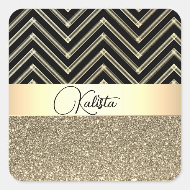 Sticker Carré Glittery Gold et Black Chevron Personnalisé (Devant)