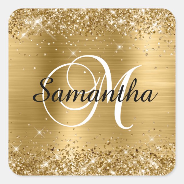Sticker Carré Glittery Gold Foil Classic Script M Monogramme (Devant)