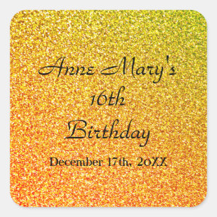 Sticker Carré Glittery Gold Sparkle 16e anniversaire Nom personn