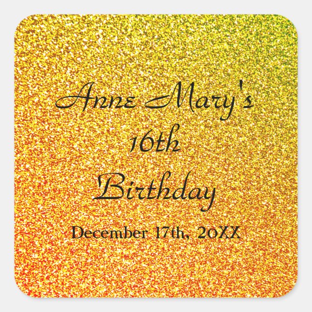 Sticker Carré Glittery Gold Sparkle 16e anniversaire Nom personn (Devant)