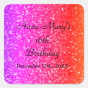 Sticker Carré Glittery Pink Sparkle Nom personnalisé 16e anniver