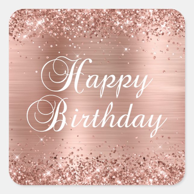 Sticker Carré Glittery Rose Gold Foil Joyeux anniversaire (Devant)
