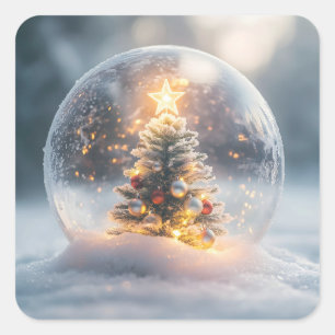 Sticker Carré Globe de neige magique de Noël avec arbre à souffl