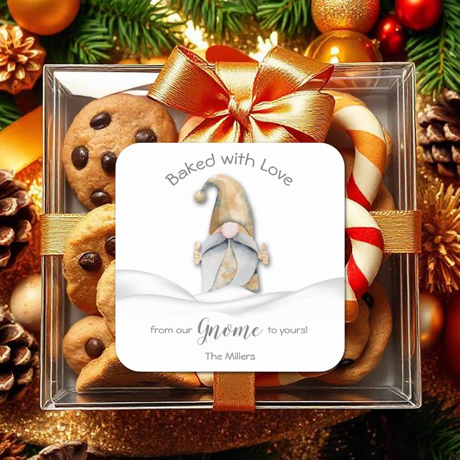 Sticker Carré Gnome Baked with Love Christmas Personnalisé (Gnome Baked with Love Christmas Personalized Square 3" Stickers)