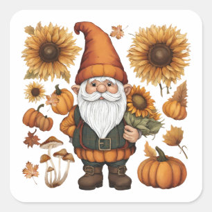 Sticker Carré Gnome d'automne avec Citrouilles et tournesols