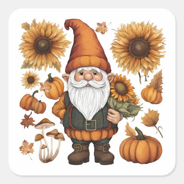 Sticker Carré Gnome d'automne avec Citrouilles et tournesols (Devant)