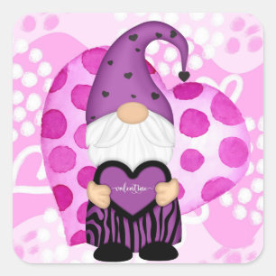 Sticker Carré Gnome de la Saint-Valentin à pois violets et roses