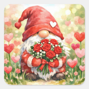 Sticker Carré Gnome de la Saint-Valentin avec bouquet de roses r