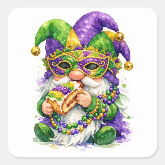 Sticker Carré Gnome de Mardi Gras mangeant une galette des rois (Devant)