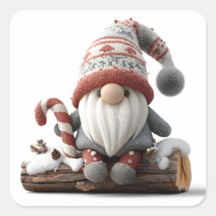 Sticker Carré Gnome de Noël mignonne avec un Sucre de canne sur