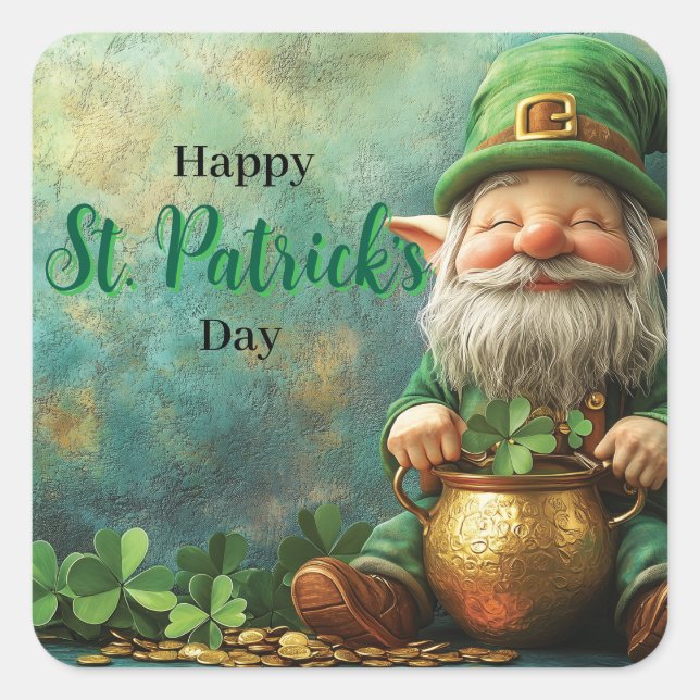 Sticker Carré Gnome Leprechaun et Pot of Gold St. Patrick's Day (Devant)