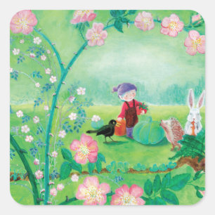Sticker Carré Gnome mignonne, oiseau-noir, hérisson et lapin bla
