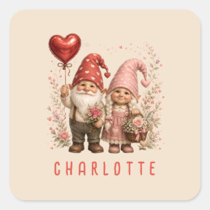 Sticker Carré Gnomes de la Saint-Valentin floraux personnalisés