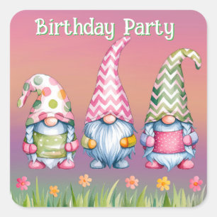 Sticker Carré Gnomes de Pâques en Aquarelle Fête d'anniversaire
