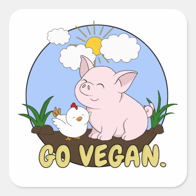 Sticker Carré Go Vegan - Cute Pig and Chicken (Devant)