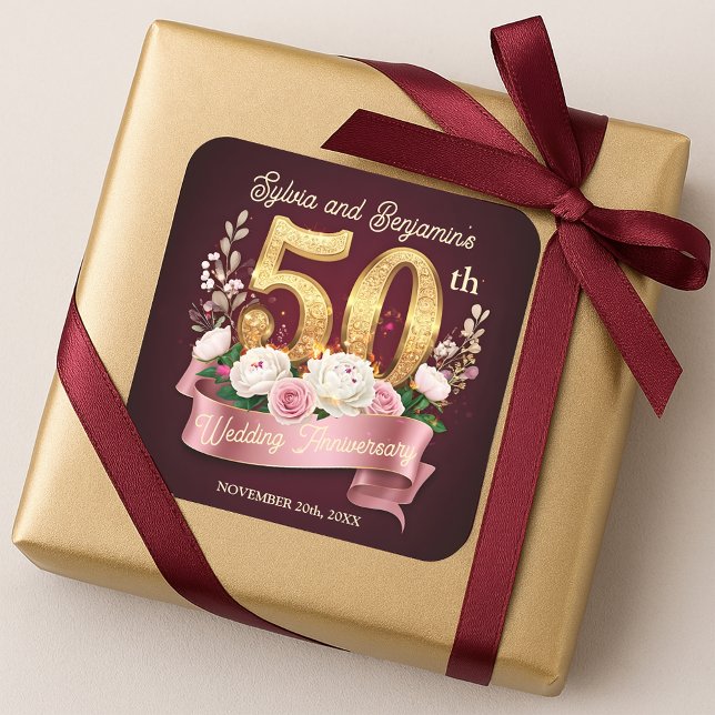 Sticker Carré Gold 50e anniversaire Mariage Roses Laurel Wreath (Créateur téléchargé)