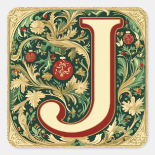 Sticker Carré Gold Accentué Noël J en rouge et vert
