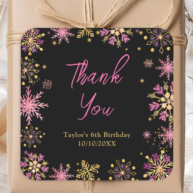Sticker Carré Gold and Pink Snowflakes Birthday Thank You (Créateur téléchargé)
