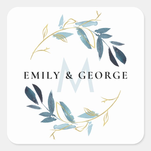 STICKER CARRÉ GOLD AQUA BLUE FOLIAGE MONOGRAM WREATT MARIAGE (Devant)