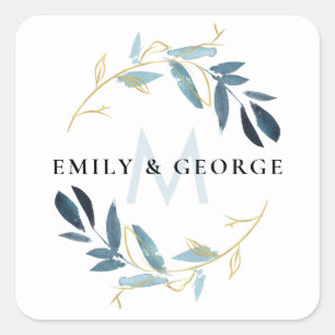 STICKER CARRÉ GOLD AQUA BLUE FOLIAGE MONOGRAM WREATT MARIAGE