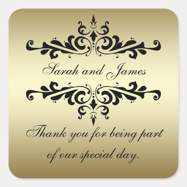 Sticker Carré Gold Black Fwirls Merci mariage Faveur (Devant)